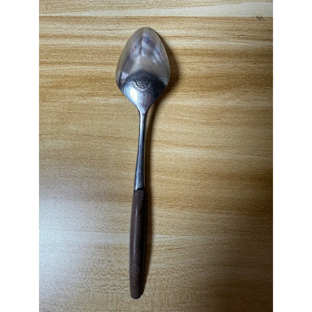 Vintage Grand Prix Stainless Steel Brown Wood Handle MCM Teaspoon Spoon Silver‎